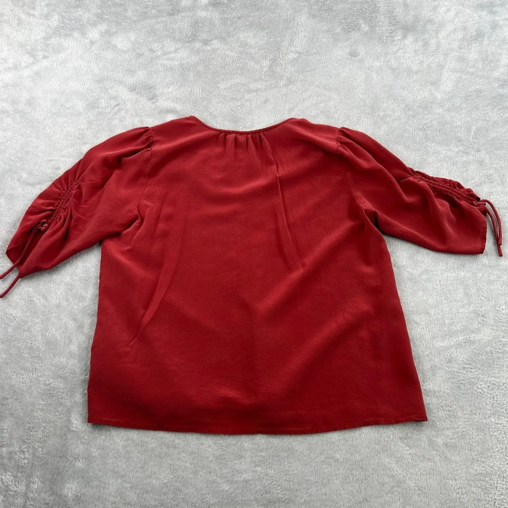 Madewell 100% Silk V-Neck Blouse S Red Women Cinched Puff Sleeve Tie Top